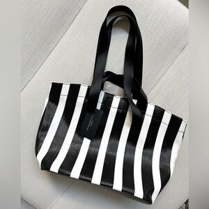 ZARA black & white striped woven tote bag NWT